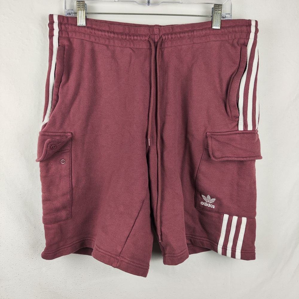 Adidas Shorts Mens 34 Pink French Terry Sweat Cargo 3-Stripes Pockets Athletic